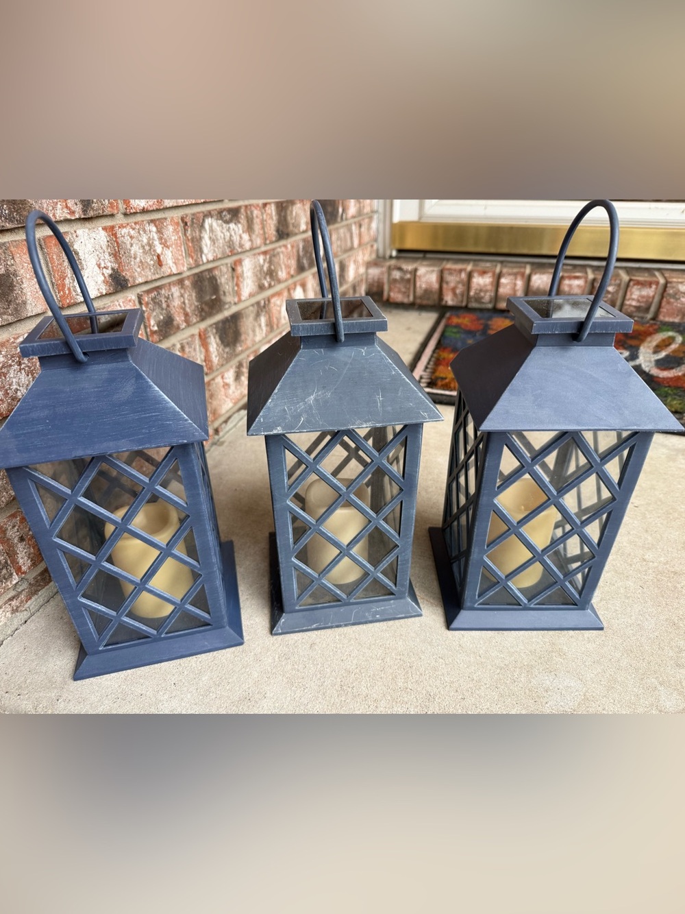 Set of 3 Decorative Blue Lanterns with Faux Candles